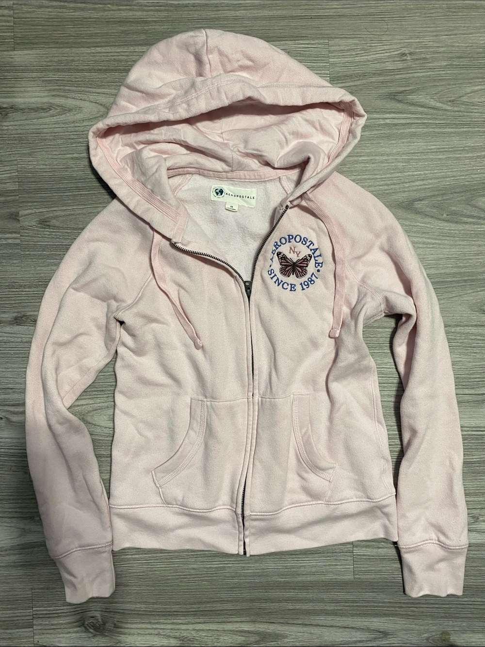 Aeropostale Light Pink Zip Front Hoodie with Butterfly Patch
